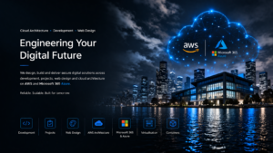 Digital cloud solutions and city skyline