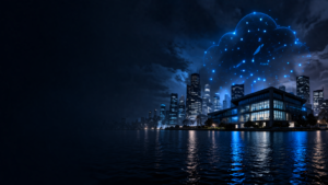 Futuristic cityscape with digital cloud